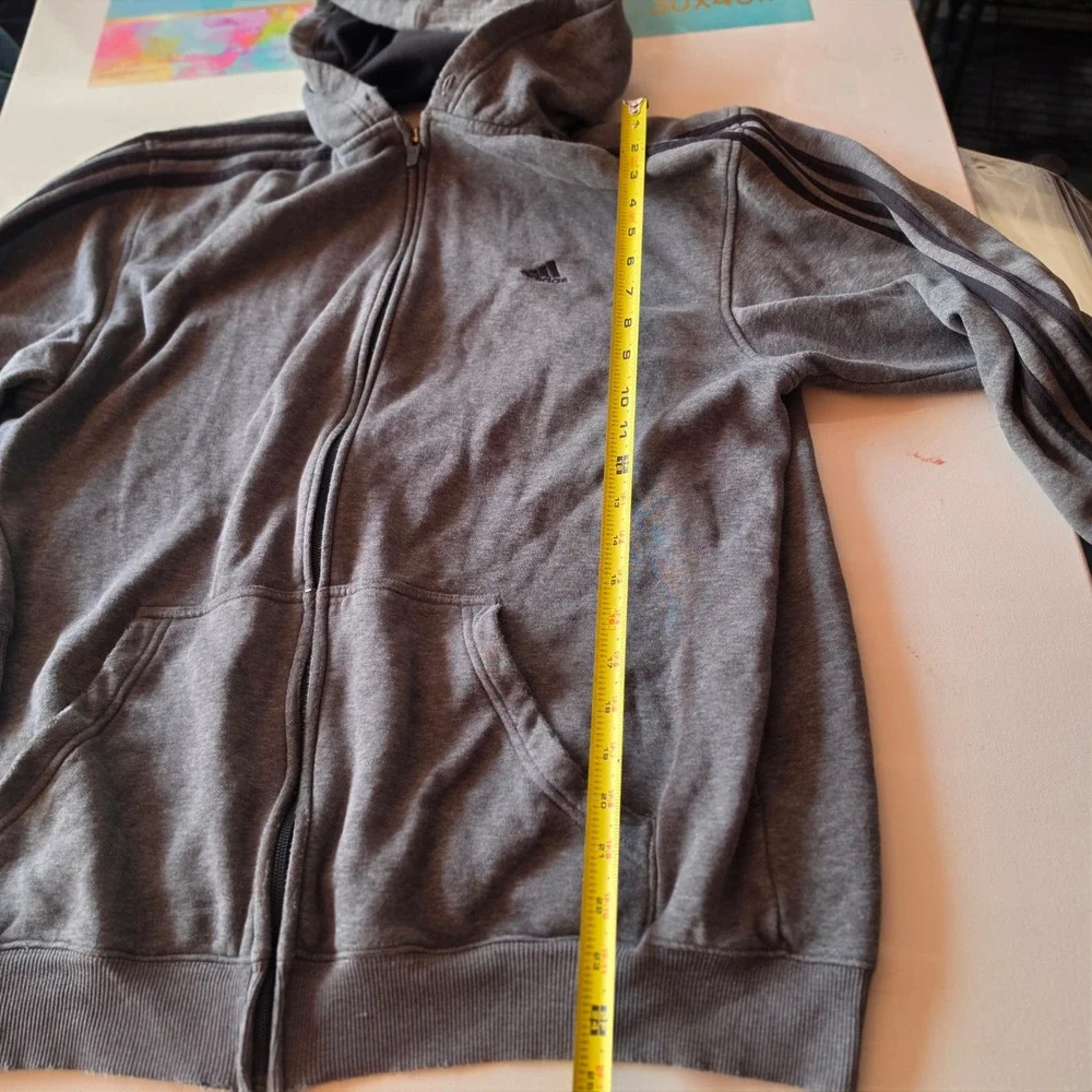 Adidas Mens Full Zip Hoodie Gray 3 Stripe Fleece Sweatshirt Large